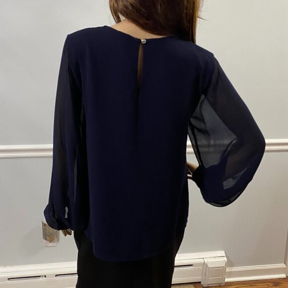 Calvin Klein Dark Navy Sheer Sleeve Blouse NWT Size S - Picture 5 of 7